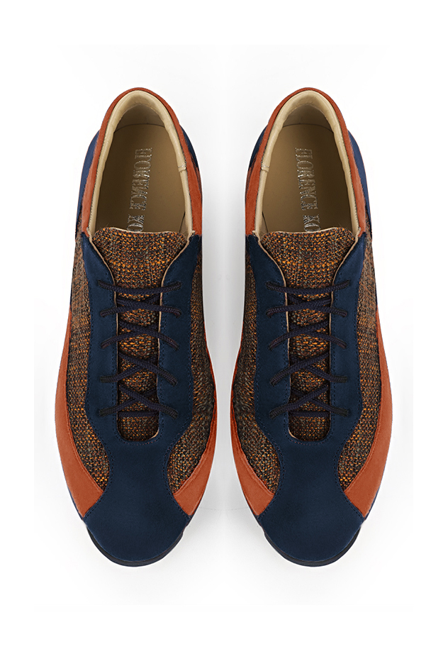 Navy blue and terracotta orange women's elegant sneakers. Round toe. Flat rubber soles. Top view - Florence KOOIJMAN